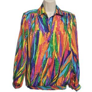 Vintage Rainbow Stripe Collared Shirt Sz 8 Blouse 80s Shoulder Pads Pride Funky